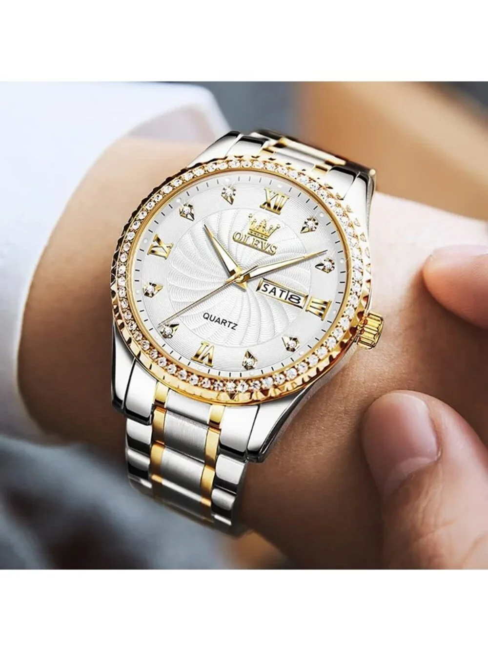 Mens Silver Gold Big Dial Analog Quartz Stainless Steel Relojes Waterproof Watch